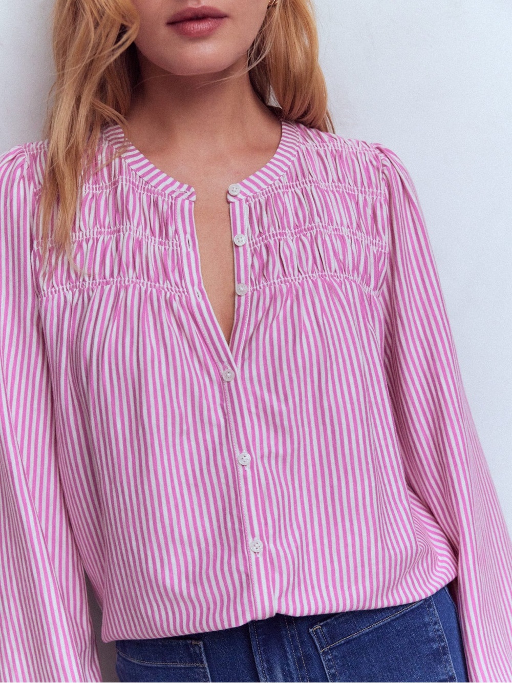 Boden Mya Smocked Jersey Shirt
Clover Purple and Ivory Stripe - Picture 3 of 7